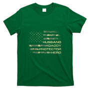 Husband Daddy Protector Hero Fathers Day Camo American Flag T-Shirt