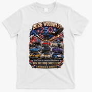 250 Years Of American Horsepower 2026 Woodward Cruising M1 T-Shirt - White