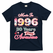 30th Birthday Pink Floral Made In 1996 Years Of Being Awesome T-Shirt - Navy