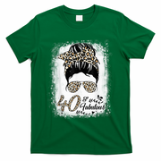 40 Years Old Fabulous Messy Bun Leopard 40th Birthday T-Shirt - Green