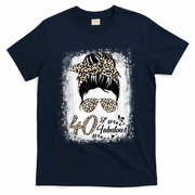 40 Years Old Fabulous Messy Bun Leopard 40th Birthday T-Shirt - Navy
