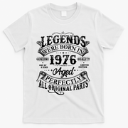 50th Birthday Legends Were Born In 1976 Age Perfectly Vintage Scroll  T-Shirt - White