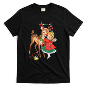 Retro Christmas Reindeer And Girl Mid Century Xmas T-Shirt