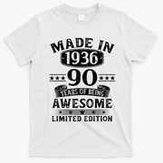 90th Birthday Made In 1936 90 Years Of Being Awesome Limited Edition T-Shirt - White