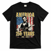 America 250 Years 1776 2026 Abe Lincoln Rocking Out Guitar T-Shirt - Black