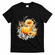 Autumn Pumpkin Cute Floral Halloween T-Shirt - Black