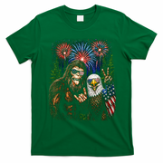 Bigfoot And Bald Eagle Fireworks Celebration T-Shirt - Irish Green
