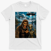 Bigfoot Alien Selfie Rock On Peace Sign UFO Sasquatch T-Shirt - White