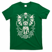 Black Cat Goth Kitten Halloween Skulls Rose Mom Dad T-Shirt - Green