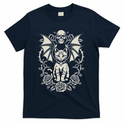 Black Cat Goth Kitten Halloween Skulls Rose Mom Dad T-Shirt - Navy
