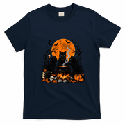Black Cats Halloween Night Cauldron And Pumpkin T-Shirt - Navy Blue