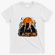 Black Cats Halloween Night Cauldron And Pumpkin T-Shirt - White