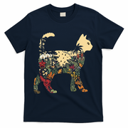 Boho Cat Plants Nature Trees Wild Flowers Graphic T-Shirt - Navy