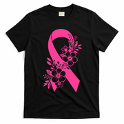 Breast Cancer Survivor Support Gift October Floral Pink Ribbon T-Shirt - Black