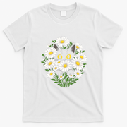 Botanical Cat Sun Flower Floral T-Shirt - White