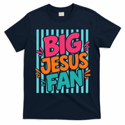 Big Jesus Fan Fun Retro Stripe Graphic Faith T-Shirt - Navy Blue