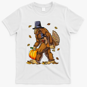 Bigfoot Pilgrim Turkey Pumpkin Thanksgiving Day T-Shirt - White