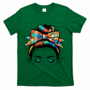 Colorful Autism Awareness Messy Hair Bun Girl T-Shirt - Green