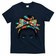Colorful Autism Awareness Messy Hair Bun Girl T-Shirt - Navy
