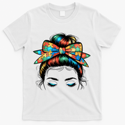 Colorful Autism Awareness Messy Hair Bun Girl T-Shirt - White