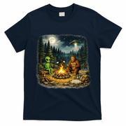 Camping Aliens Bigfoot UFO Campfire Adventure T-Shirt - Navy Blue