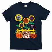 Cute Autumn Fall Patterns Raven Crow Sunflowers Pumpkins T-Shirt - Navy