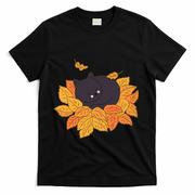 Cute Autumn Fall Sleeping Black Kitty Leaves T-Shirt - Black