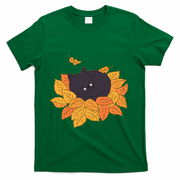Cute Autumn Fall Sleeping Black Kitty Leaves T-Shirt - Green