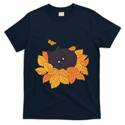 Cute Autumn Fall Sleeping Black Kitty Leaves T-Shirt - Navy