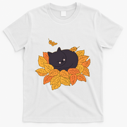 Cute Autumn Fall Sleeping Black Kitty Leaves T-Shirt - White