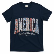Cute America Land Of The Free Patchwork Varsity Style T-Shirt - Navy