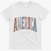 Cute America Land Of The Free Patchwork Varsity Style T-Shirt - White