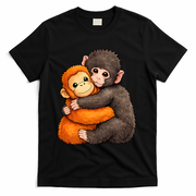 Cute Baby Monkey Punch Plush Hugging T-Shirt - Black