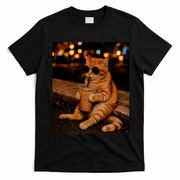 Cool Cat Drinking Iced Coffee with Sunglasses T-Shirt - Black