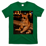 Cool Cat Drinking Iced Coffee with Sunglasses T-Shirt - Irish Green