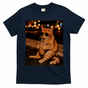 Cool Cat Drinking Iced Coffee with Sunglasses T-Shirt - Navy Blue