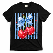 Cute Coquette Patriotic USA America Red White Blue Cherries T-Shirt - Black
