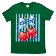 Cute Coquette Patriotic USA America Red White Blue Cherries T-Shirt - Green