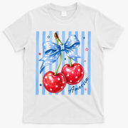 Cute Coquette Patriotic USA America Red White Blue Cherries T-Shirt - White