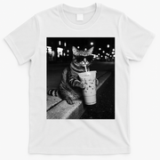 Cool Cat with Iced Coffee Sunglasses Fan Art T-Shirt - White