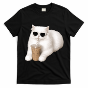 Cool Cat with Heart Sunglasses and Iced Coffee T-Shirt - Black