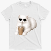 Cool Cat with Heart Sunglasses and Iced Coffee T-Shirt - White