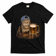 Cool Cat with Beer and Cap Fun Graphic T-Shirt - Black