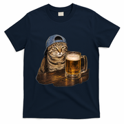 Cool Cat with Beer and Cap Fun Graphic T-Shirt - Navy Blue