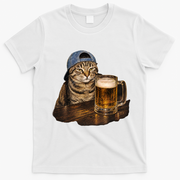 Cool Cat with Beer and Cap Fun Graphic T-Shirt - White