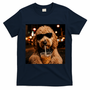 Cool Dog Sipping Iced Coffee with Sunglasses T-Shirt - Navy Blue