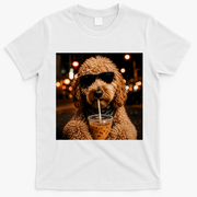 Cool Dog Sipping Iced Coffee with Sunglasses T-Shirt - White