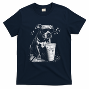 Cool Dog Sunglasses Drinking Ice Coffee Graphic T-Shirt - Navy Blue