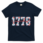 Cute Floral Flower Varsity Style 1776 America USA  T-Shirt - Navy