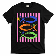 Christian Fish Symbol Striped Retro T-Shirt - Black